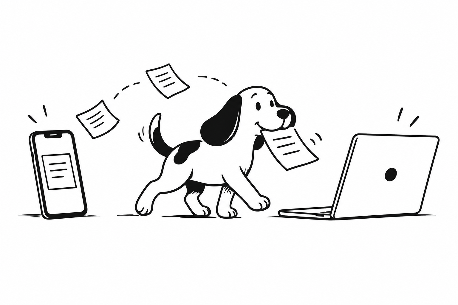 Black-and-white illustration of a dog carrying paper from a phone to a laptop